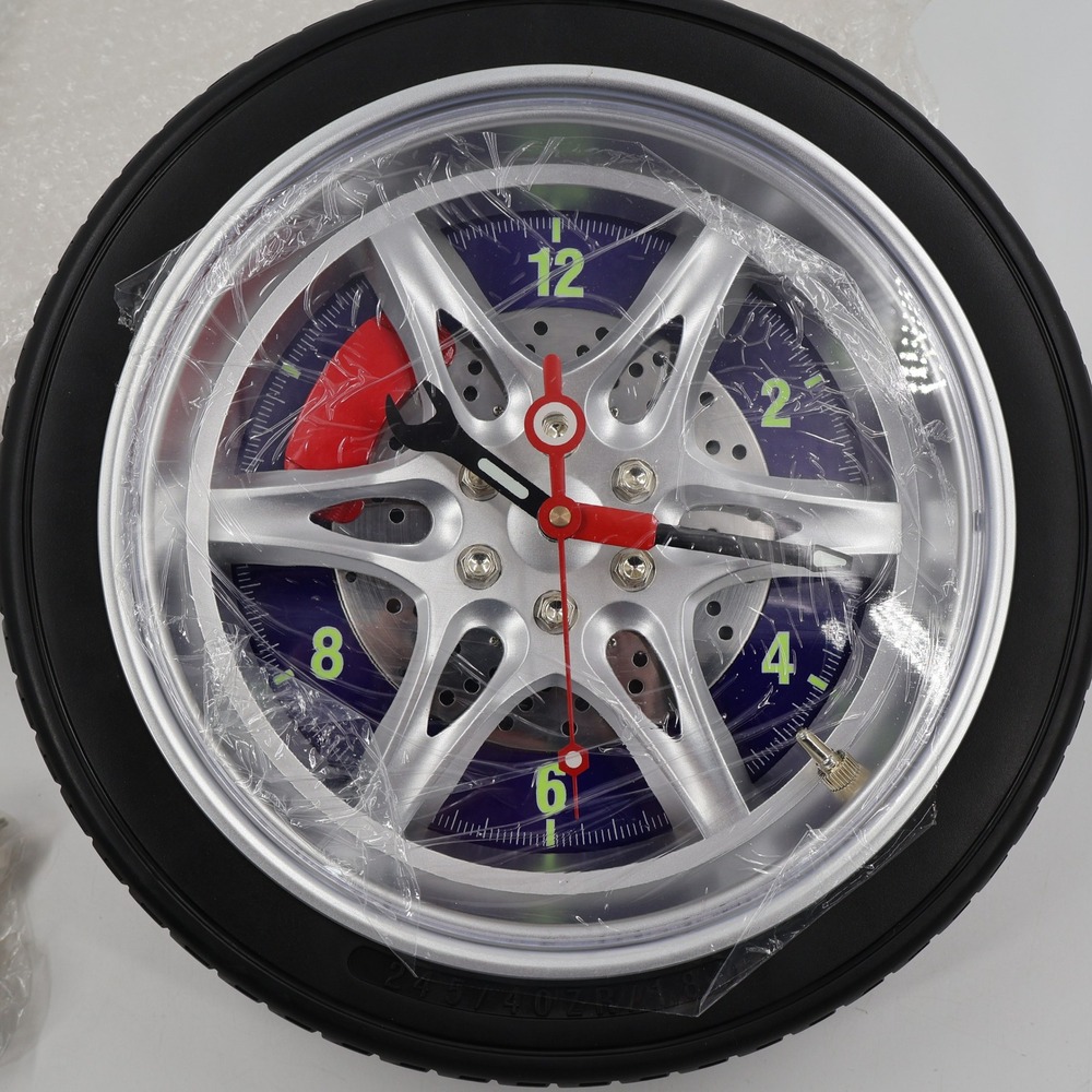 Unbranded Racing Tire Neon Wall Clock Unisex OS Black Silver Wrench Hands 14in